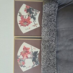 Asian Oriental Floral Fan Art Prints in Gold Frames